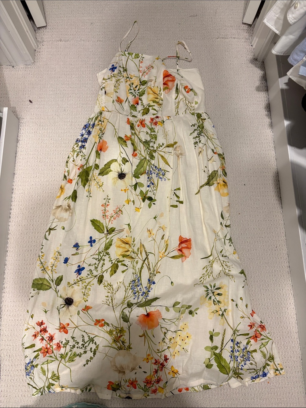 H&M Cream Floral Midi Sundress with Multicolor Blooms linen blend